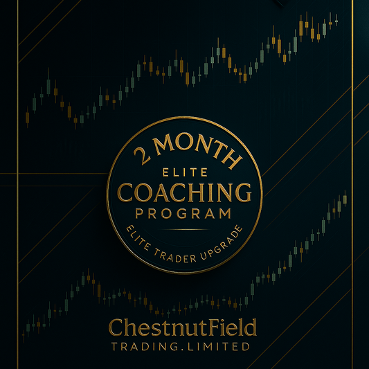 Advertisement for a 2-month Elite Coaching Program by ChestnutField Trading Limited with stock market chart background.