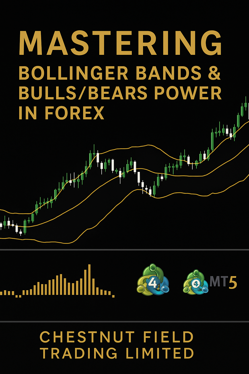 Book cover of 'Mastering Bollinger Bands & Bulls/Bears Power in Forex' with a chart and branding elements.
