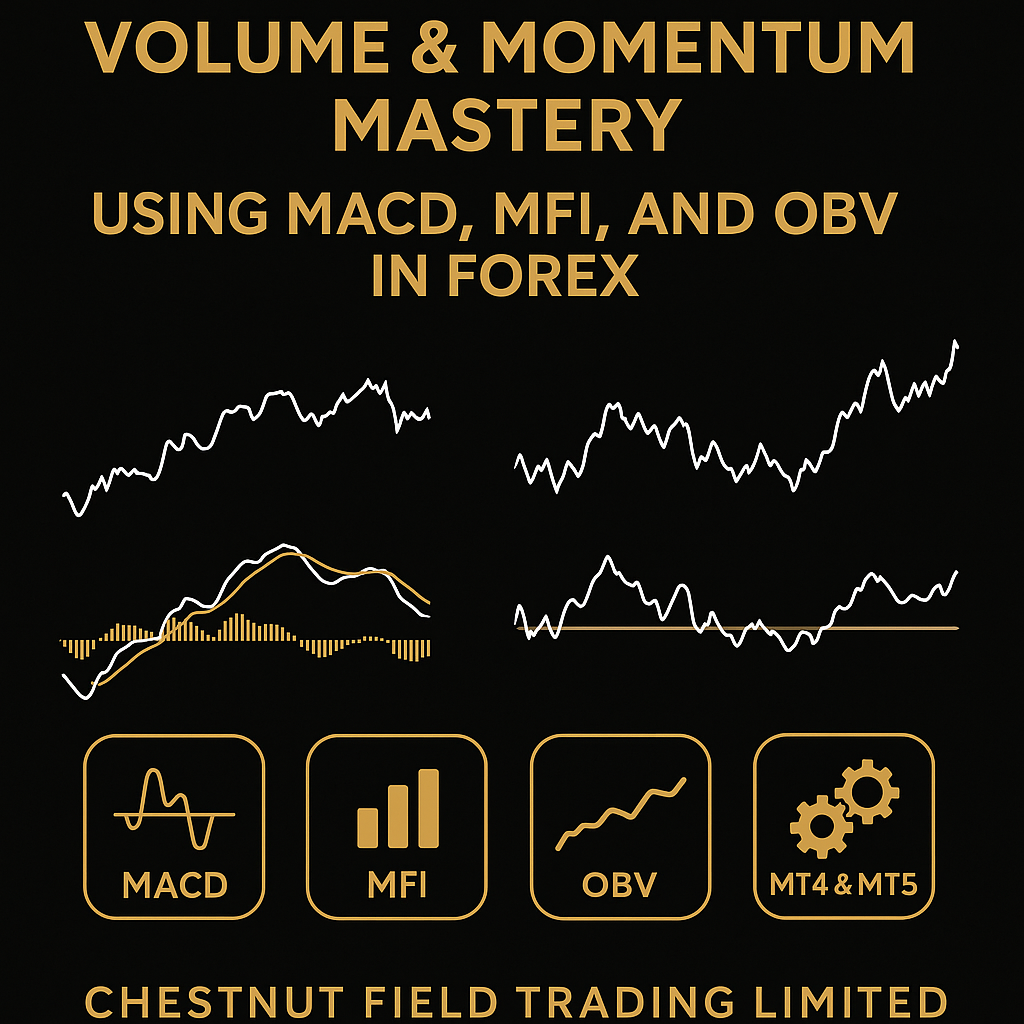 Promotional graphic for trading education on volume, momentum, using MACD, MFI, and OBV in Forex with Chestnut Field Trading Limited branding.