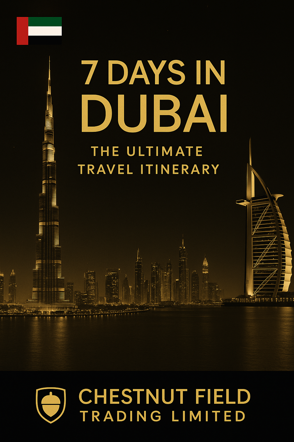 Book cover of '7 Days in Dubai: The Ultimate Travel Itinerary' with Dubai skyline and Chestnut Field Trading Limited logo.