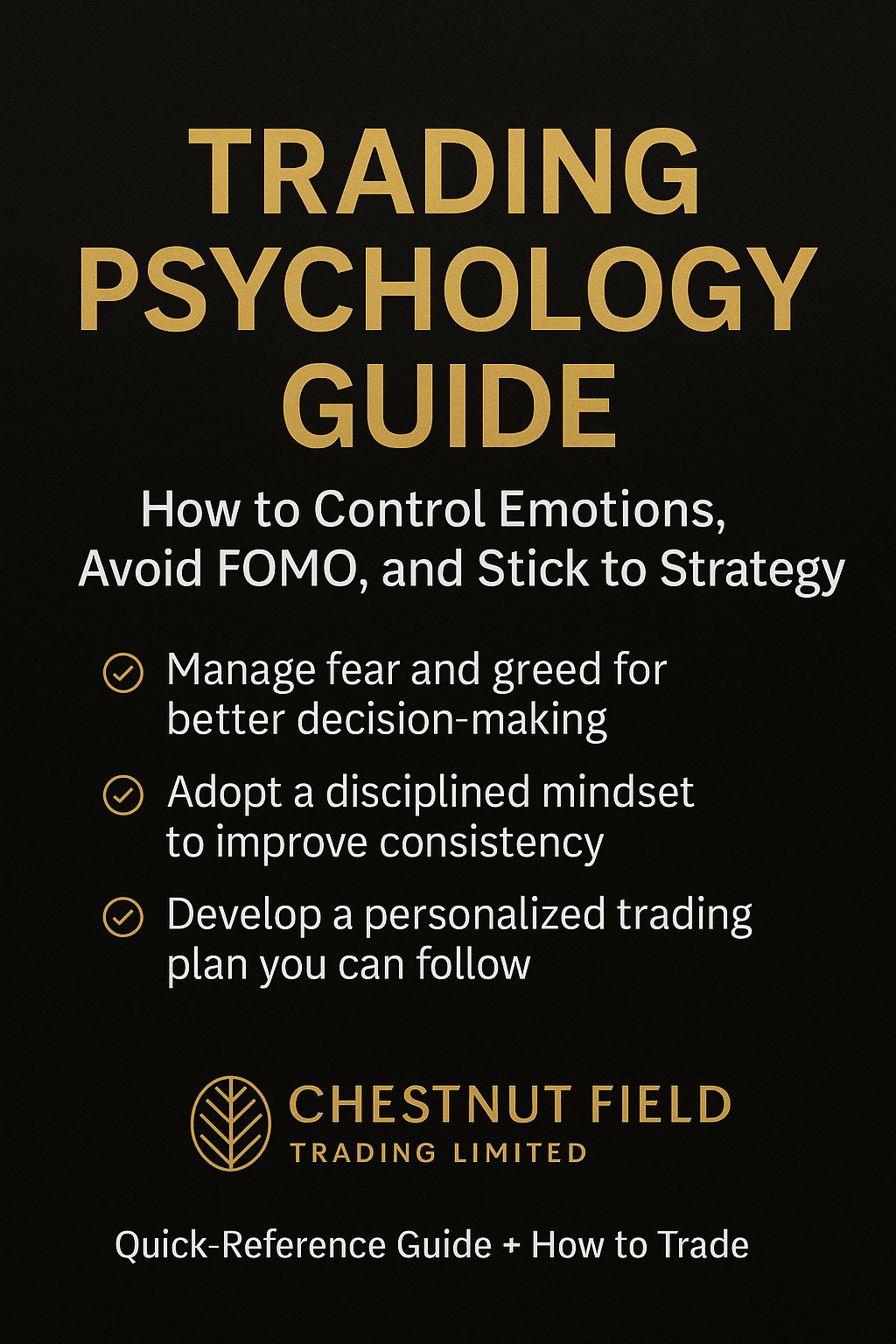 Trading Psychology Guide book cover with gold text on a black background