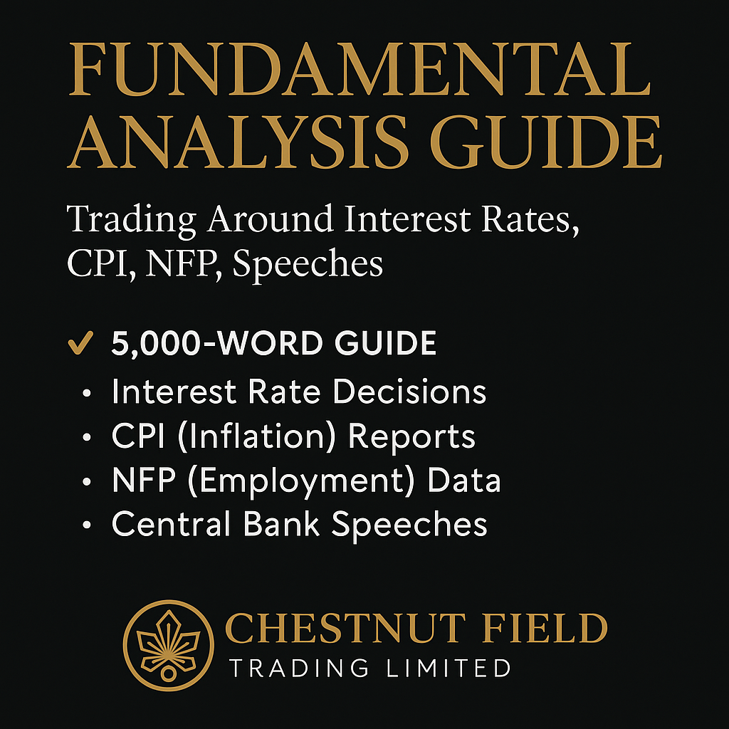 Promotional text for a 'Fundamental Analysis Guide' by Chestnut Field Trading Limited on a black background.