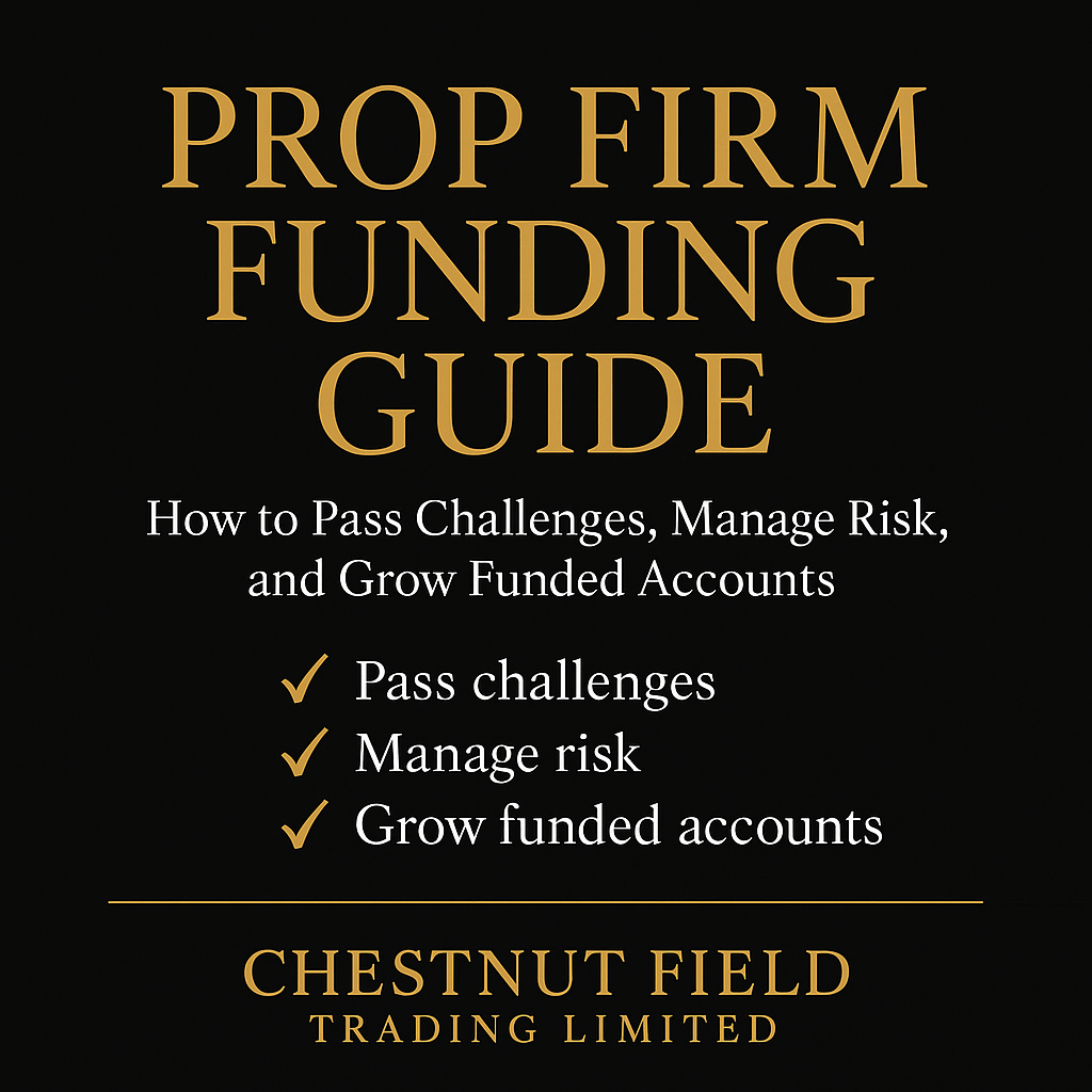 Book cover of 'Prop Firm Funding Guide' by Chestnut Field Trading Limited on a black background.