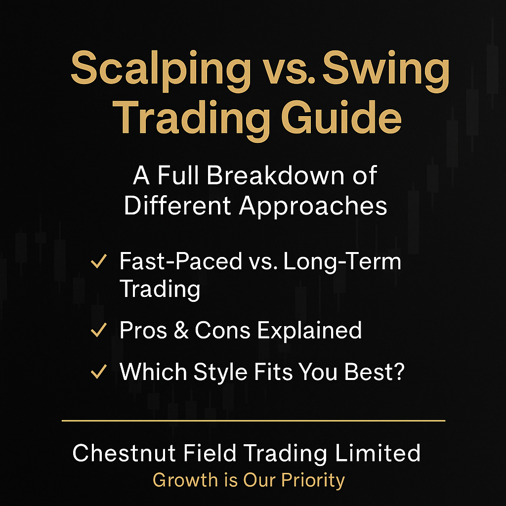 Title slide for 'Scalping vs. Swing Trading Guide' with text about different trading approaches.