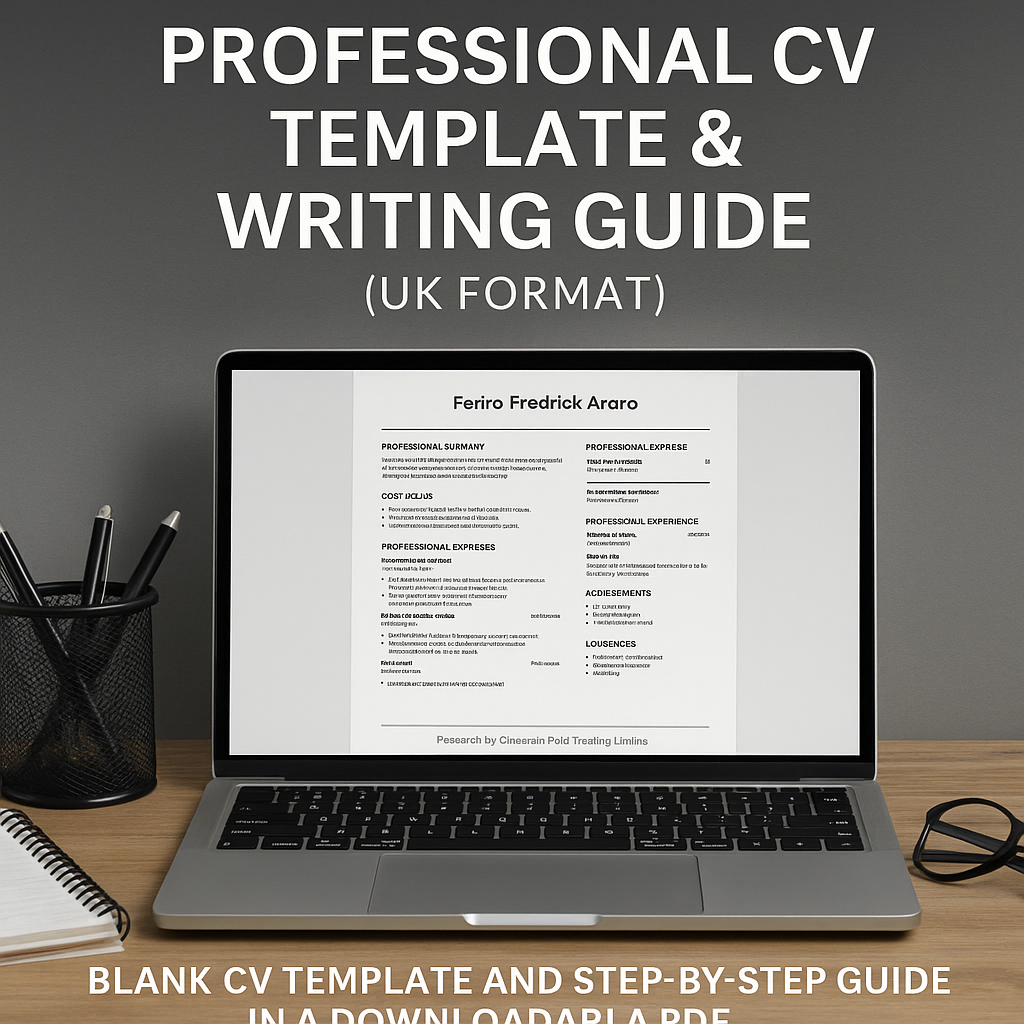 Laptop displaying a professional CV template on a desk with stationery items.