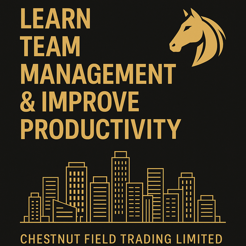 Gold text on a black background promoting team management and productivity with a horse logo and cityscape.