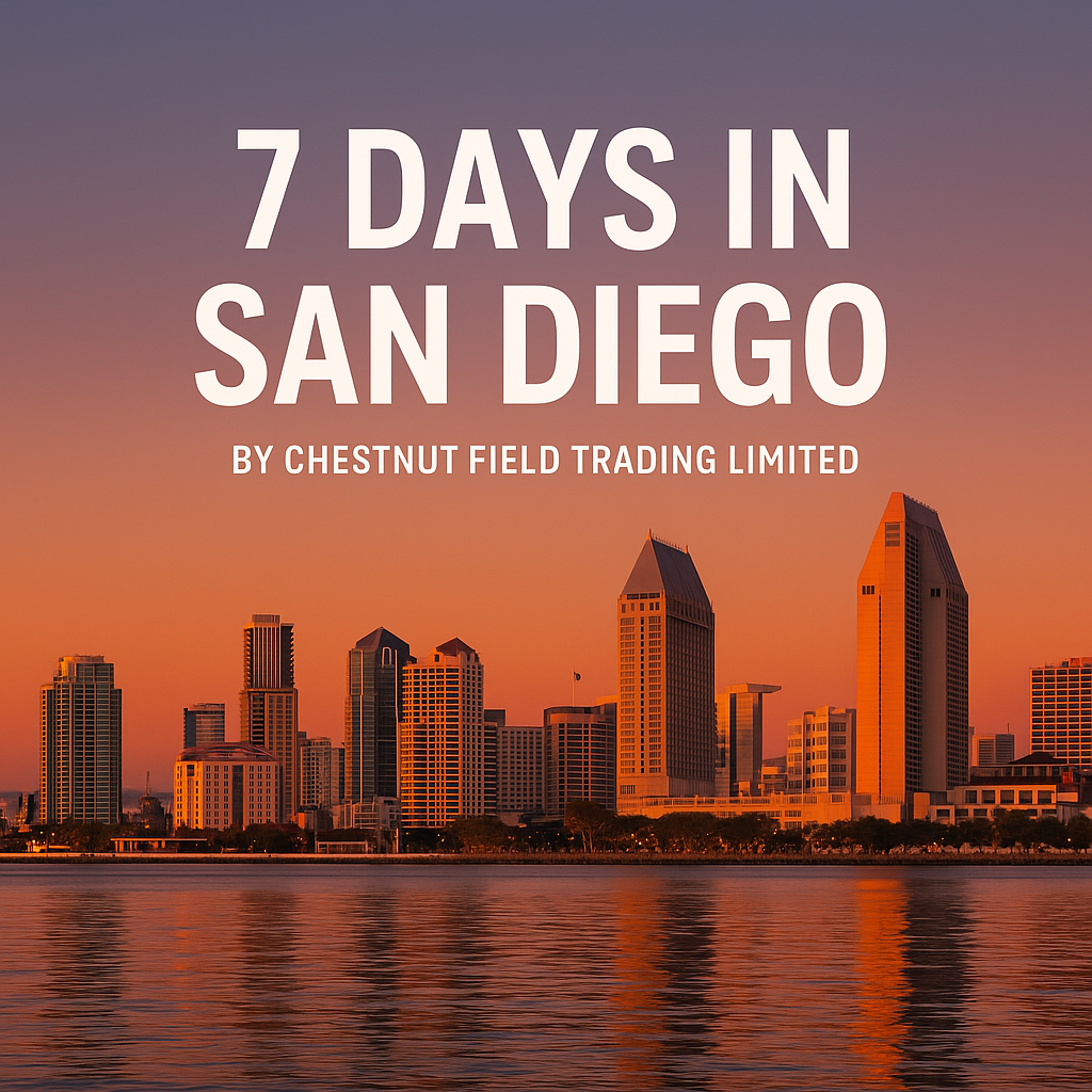 City skyline with '7 Days in San Diego' text and Chestnut Field Trading Limited branding.