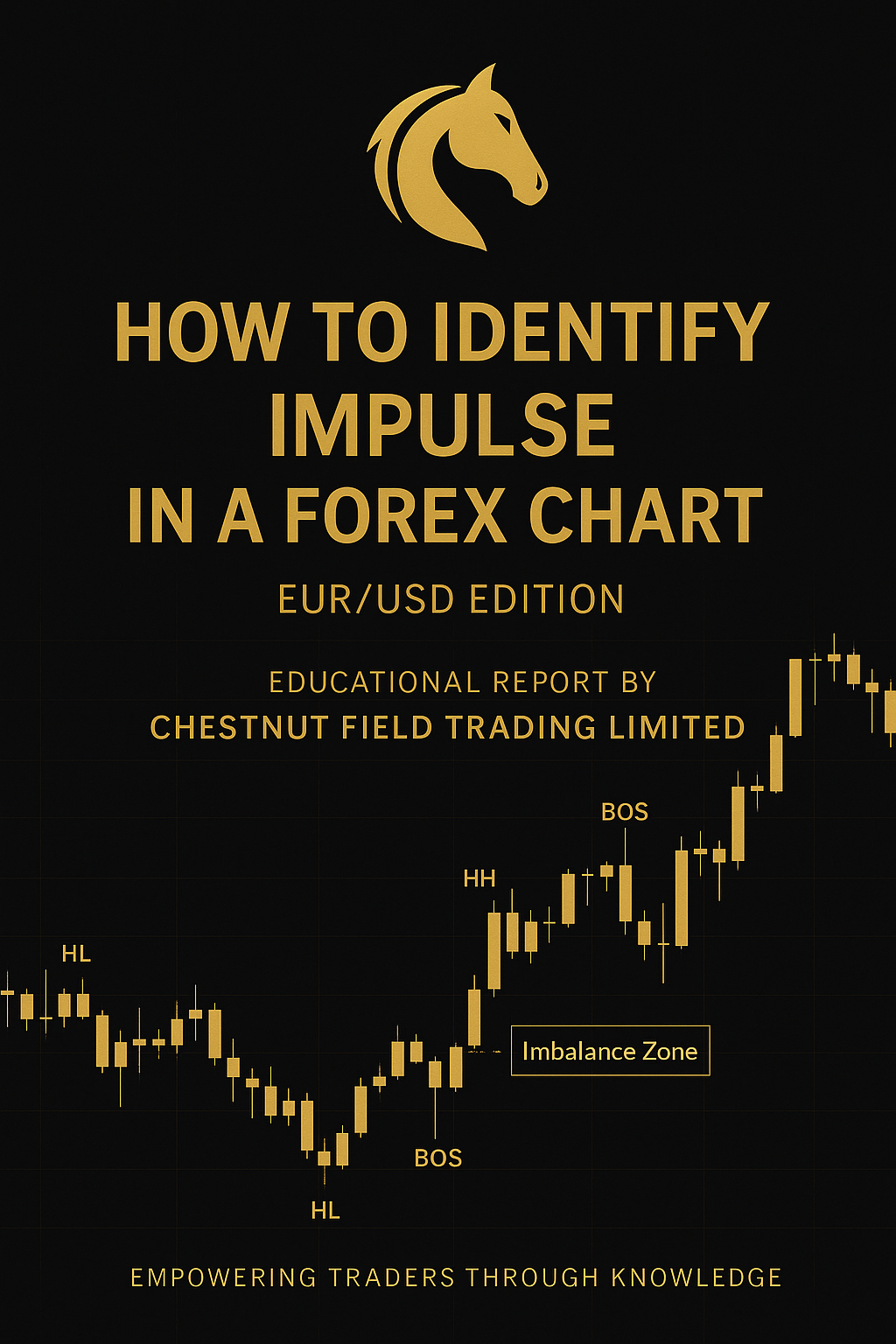 Educational report cover on identifying impulse in a Forex chart with a horse logo and text.