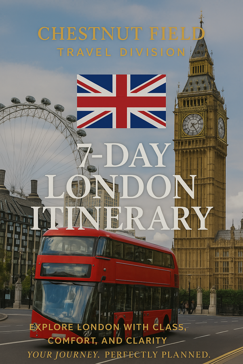 7-Day London Itinerary book cover with Big Ben, London Eye, and red bus.