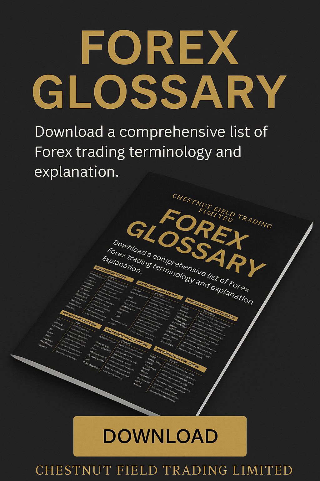 Book titled 'Forex Glossary' with text about downloading a comprehensive list of Forex trading terminology on a dark background.