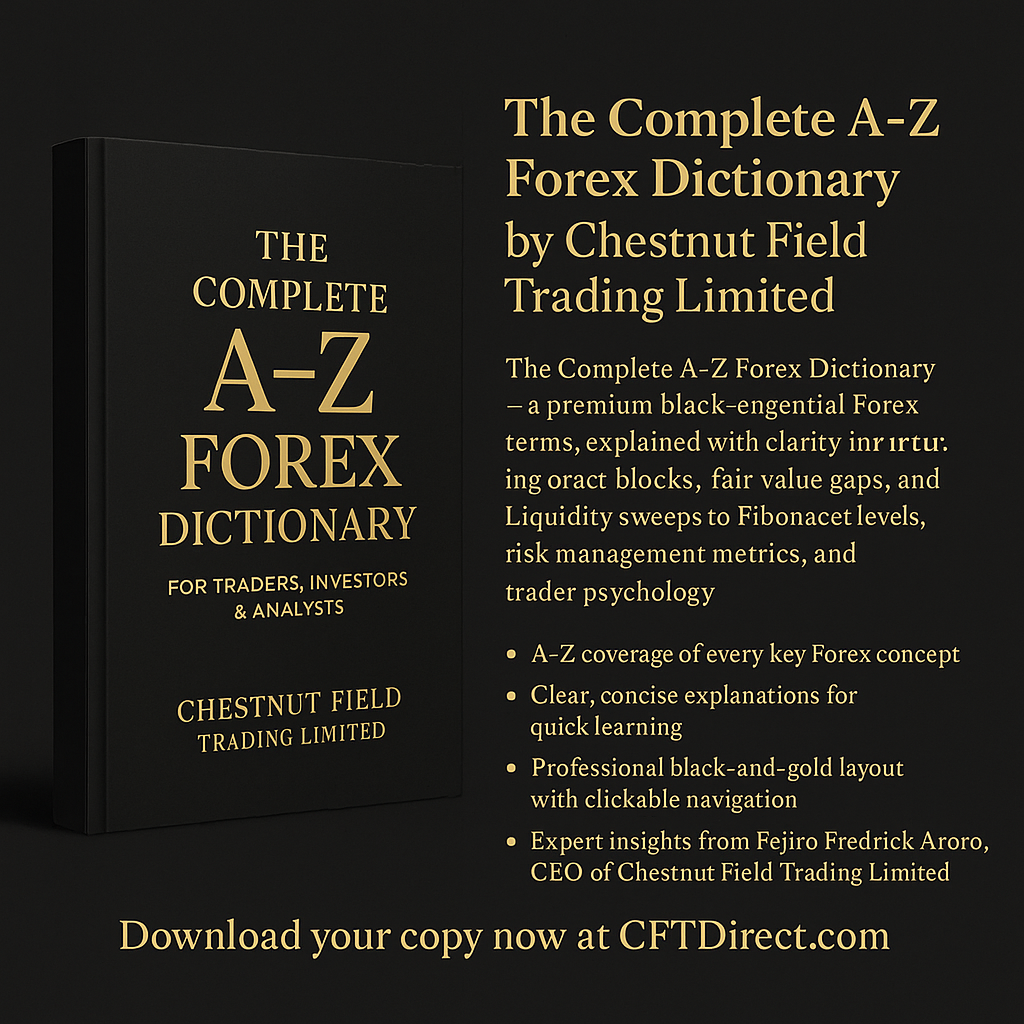 Black book titled 'The Complete A-Z Forex Dictionary' by Chestnut Field Trading Limited on a black background.