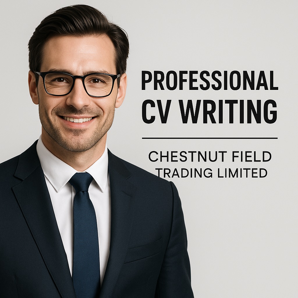 Man in suit with text 'Professional CV Writing' and 'Chestnut Field Trading Limited' on a gray background