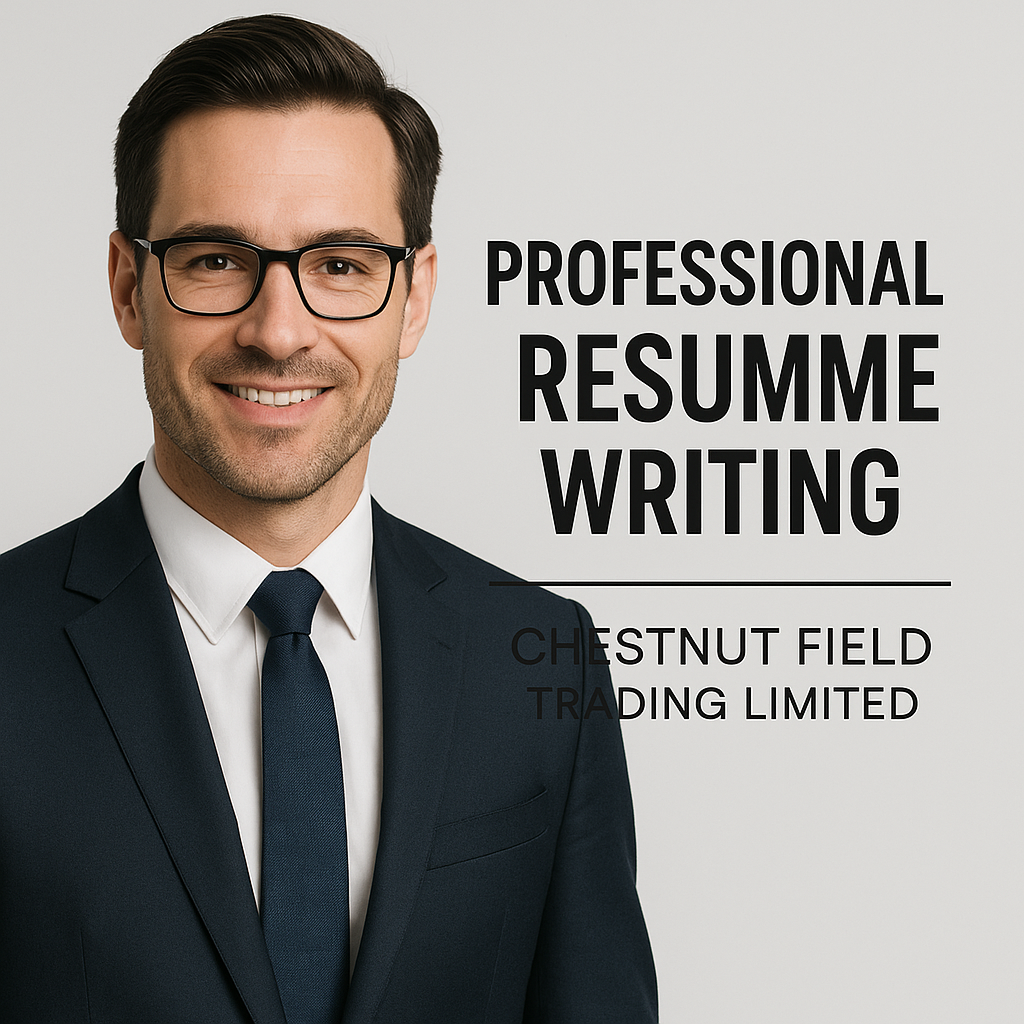 Man in suit with text 'Professional Resume Writing' and 'Chestnut Field Trading Limited' on a light gray background