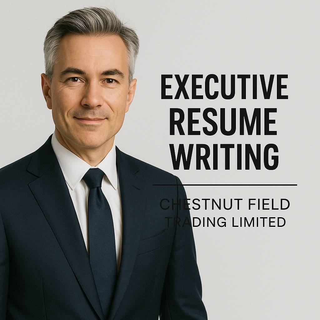 Man in a suit with 'Executive Resume Writing' text and Chestnut Field Trading Limited branding.