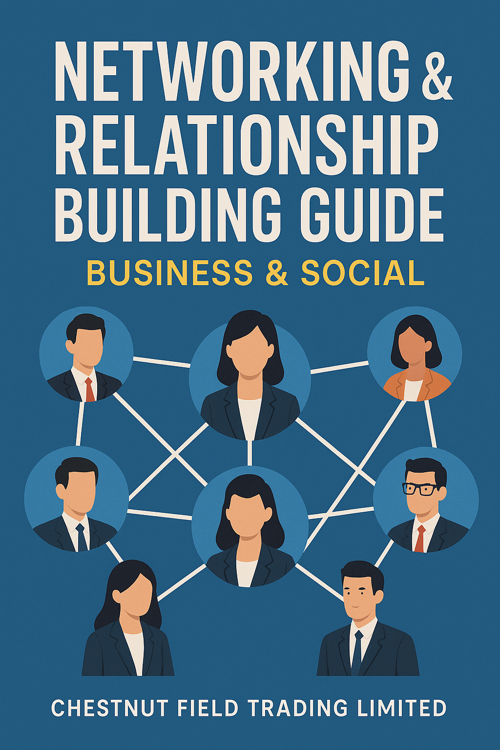 Book cover of 'Networking & Relationship Building Guide' with network diagram and people icons on a blue background.