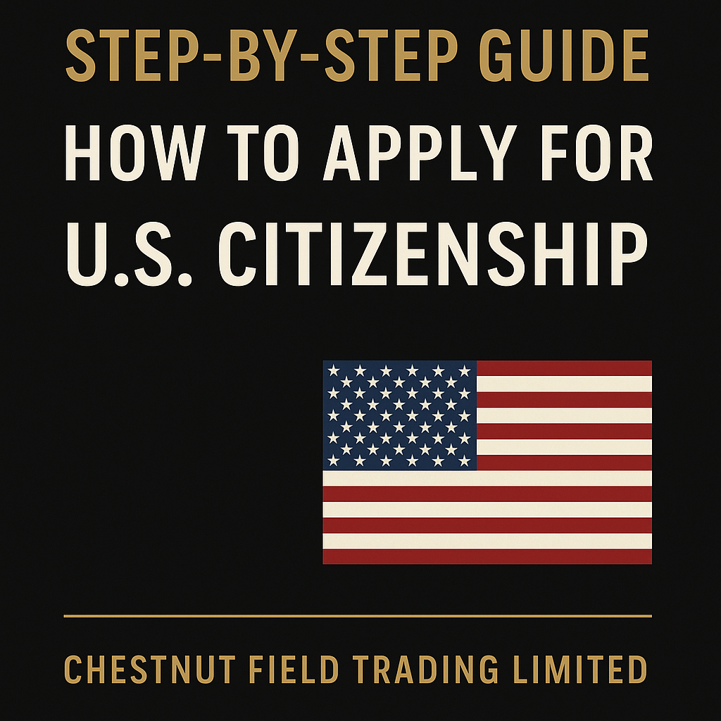 Step-by-step guide on how to apply for U.S. citizenship with an American flag on a black background.