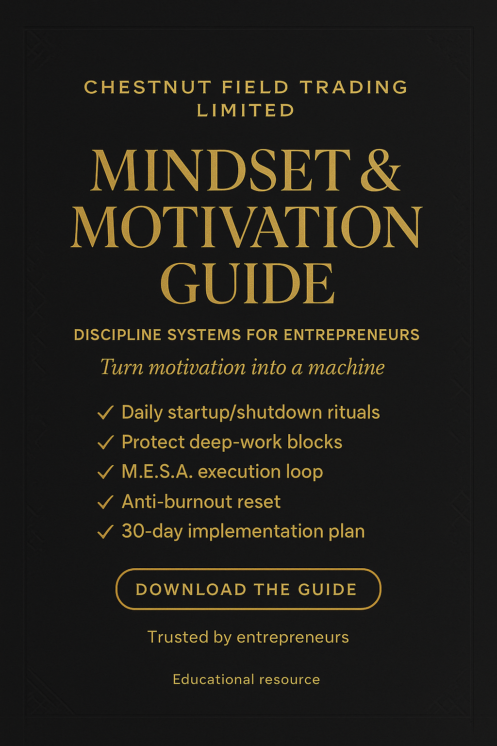 Black book cover with gold text titled 'Mindset & Motivation Guide' by Chestnut Field Trading Limited.