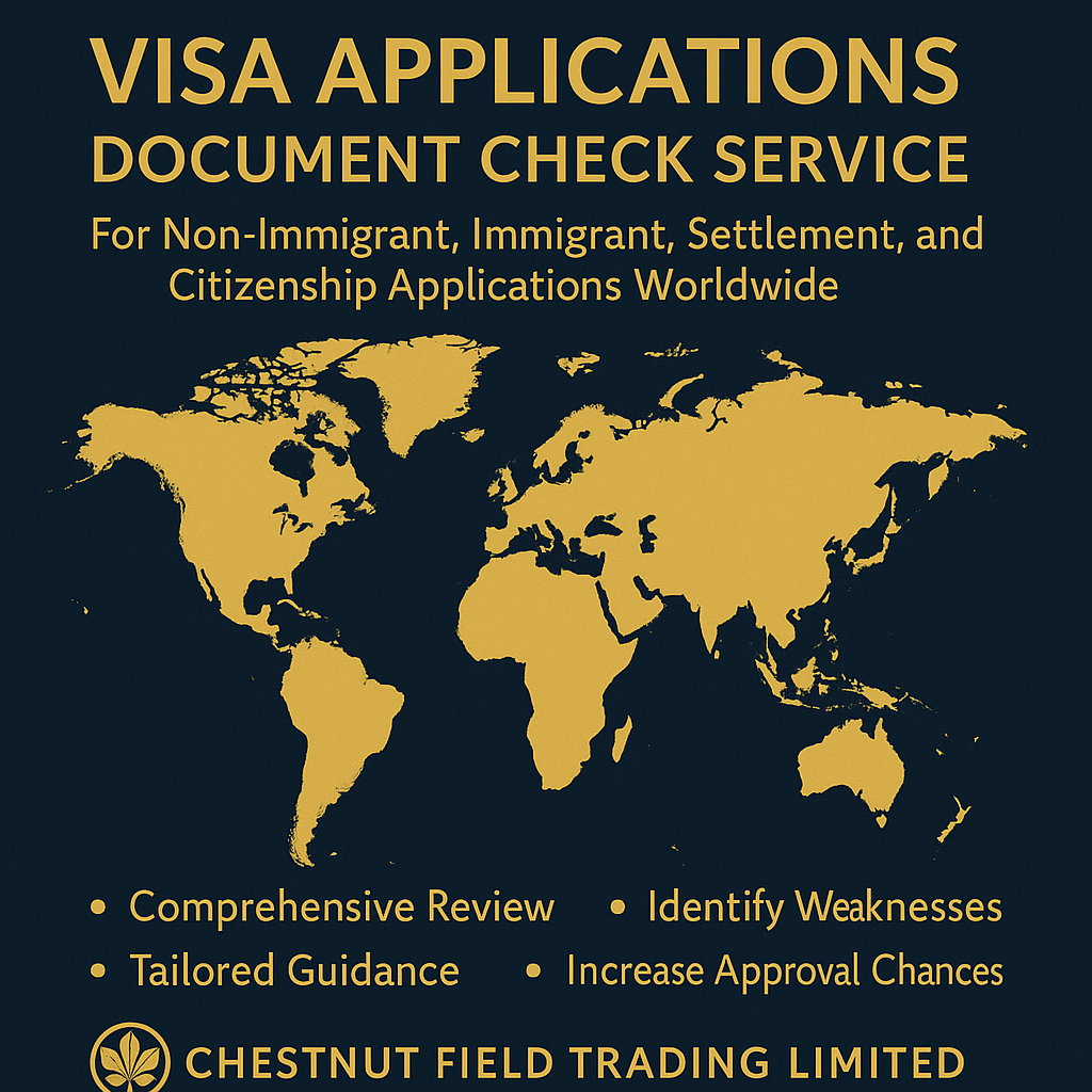 Advertisement for visa applications document check service with world map and Chestnut Field Trading Limited logo.