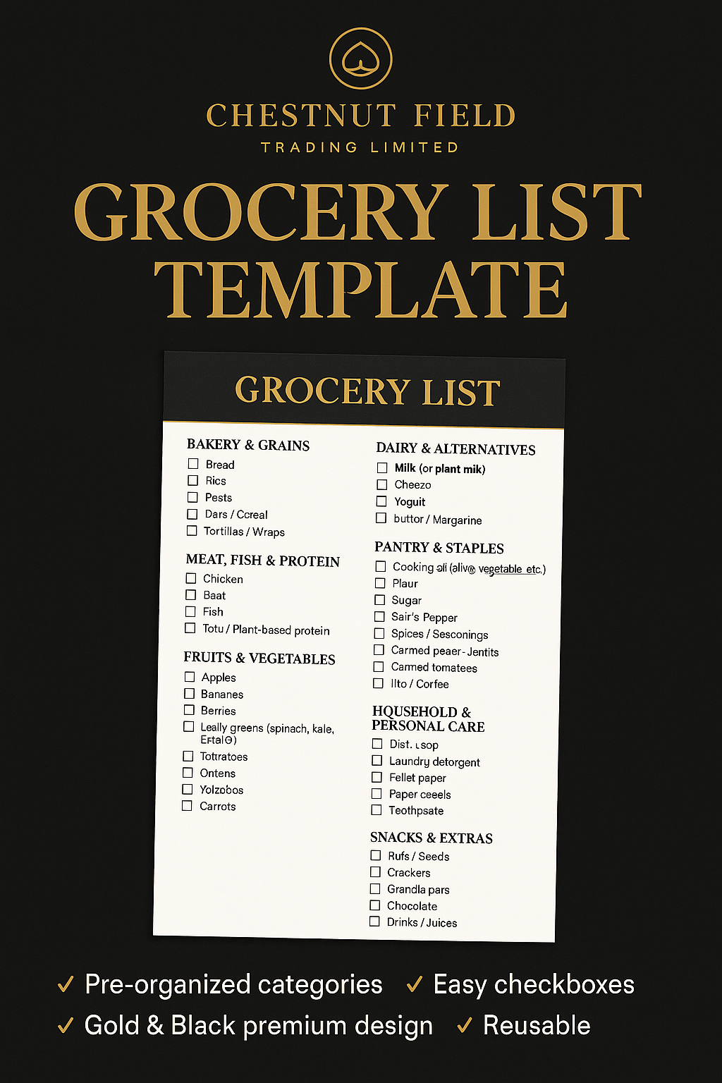 Grocery list template with pre-organized categories on a black background