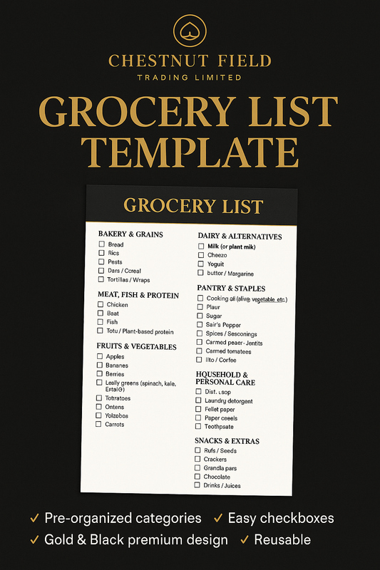 🛒 Branded Grocery List Template – Chestnut Field Trading Limited