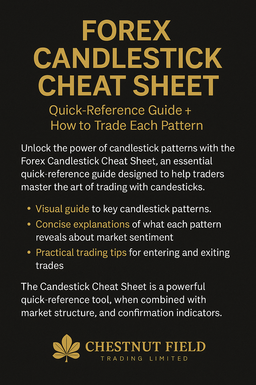 Forex Candlestick Cheat Sheet book cover with text and Chestnut Field logo.