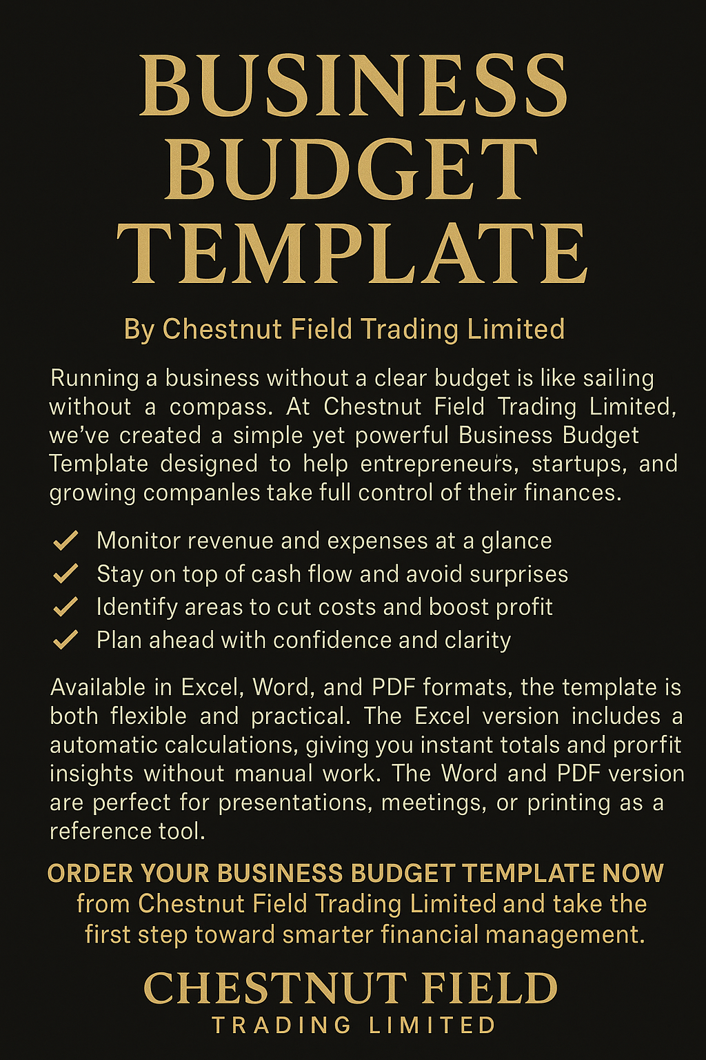 Promotional text for a Business Budget Template by Chestnut Field Trading Limited on a black background.