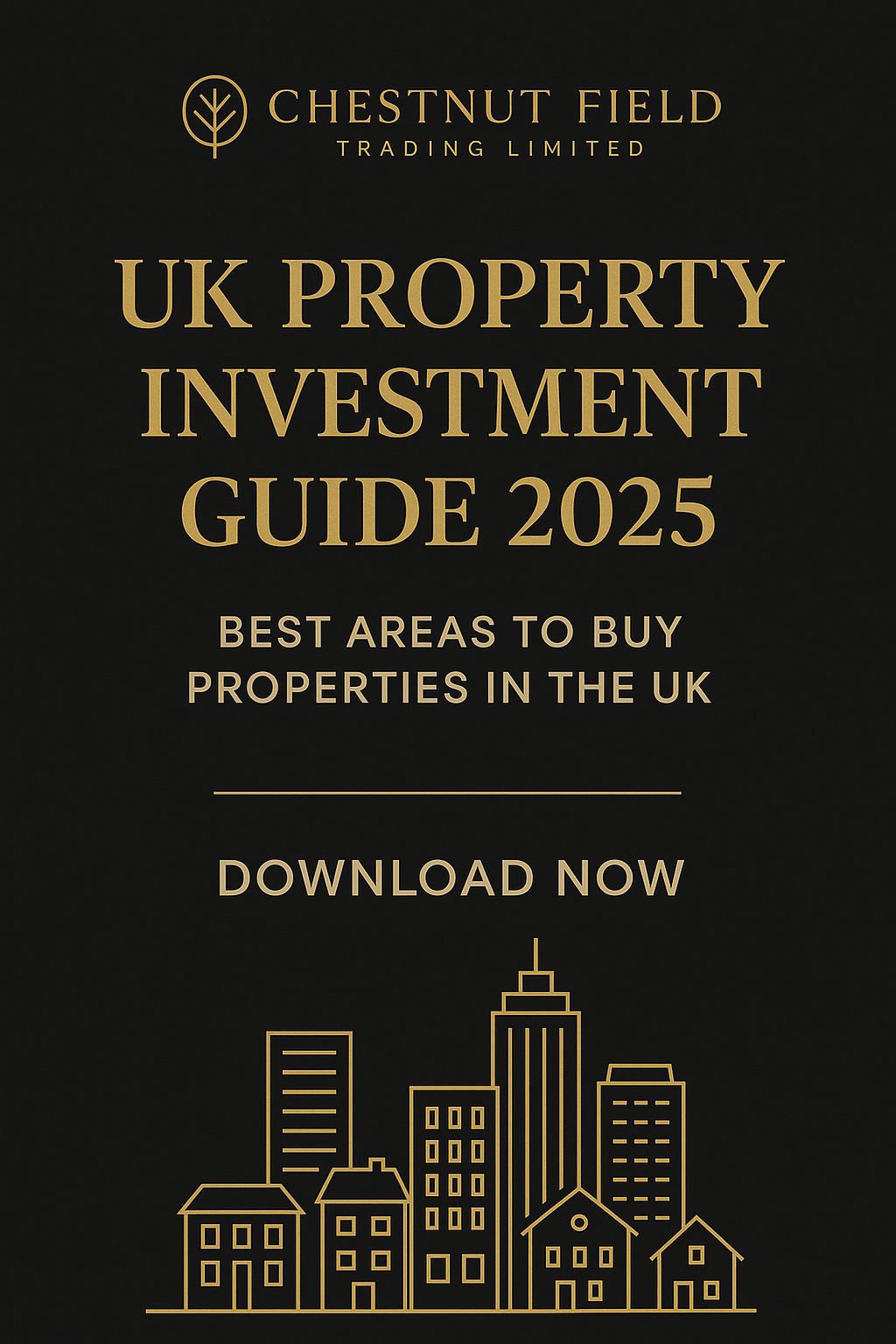 Cover of 'UK Property Investment Guide 2025' by Chestnut Field Trading Limited with a black background and gold text.
