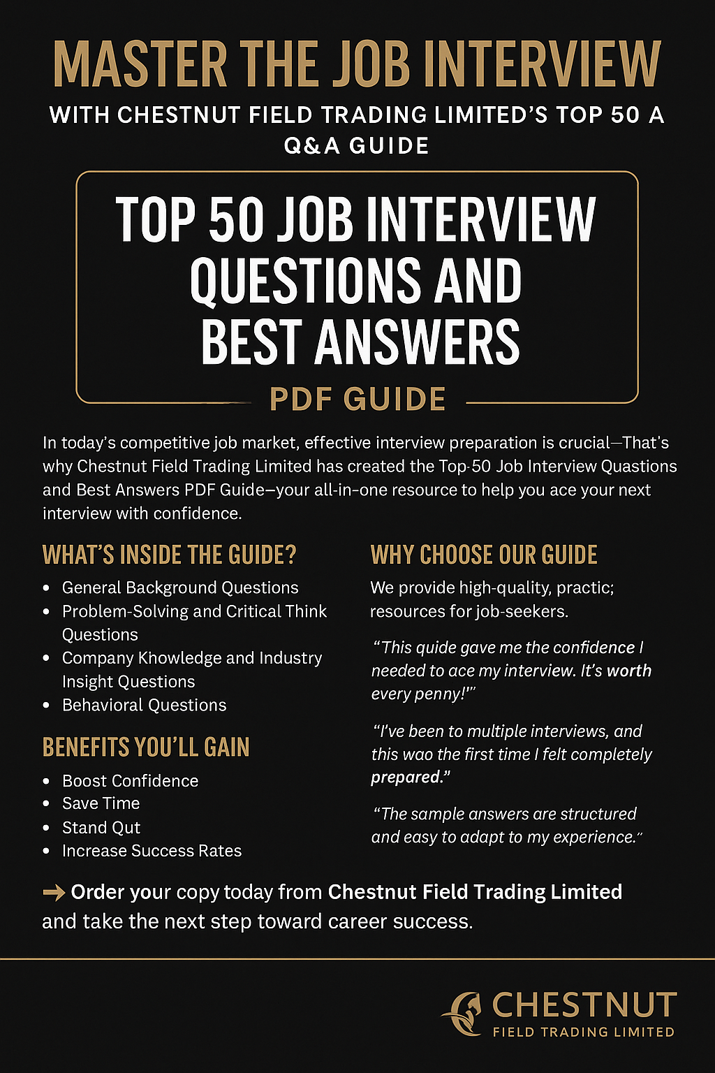 Promotional image for 'Top 50 Job Interview Questions and Best Answers' PDF guide by Chestnut Field Trading Limited.
