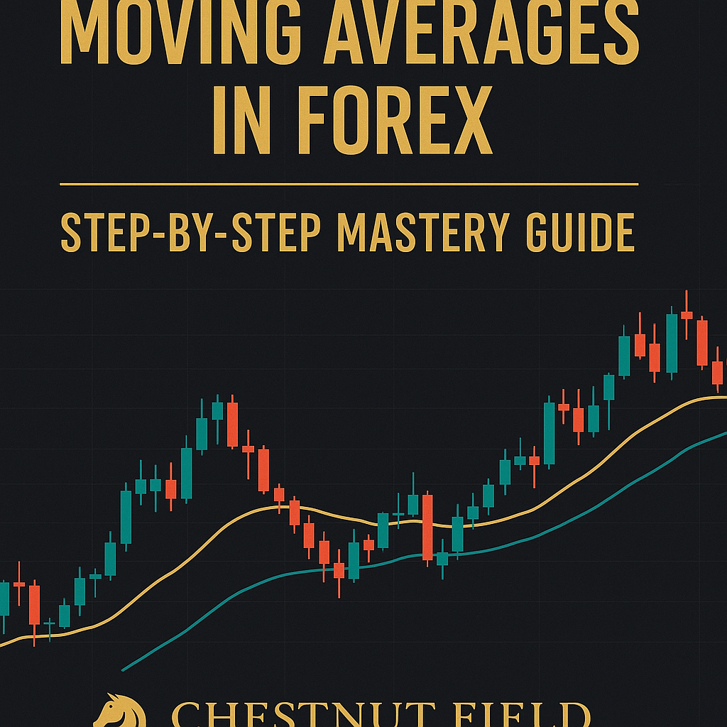 Book cover of 'Moving Averages in Forex: Step-by-Step Mastery Guide' by Chestnut Field with a chart on a black background.