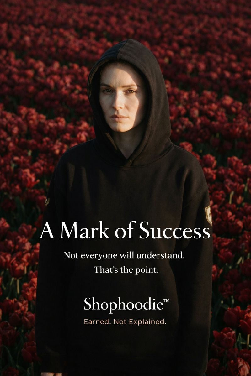 Person wearing a black hoodie in a field of red flowers with text overlay. shophoodie.co.uk