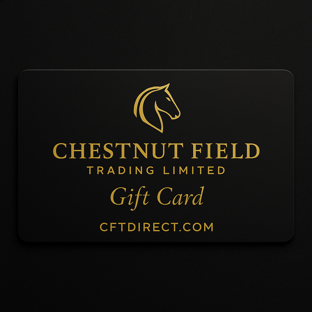Chestnut Field Trading Limited gift card with horse logo on a black background