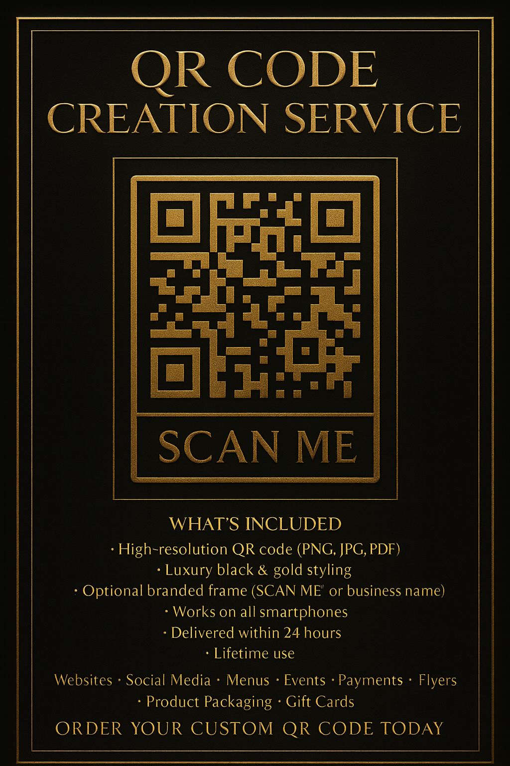 Advertisement for QR Code Creation Service with a gold QR code on a black background