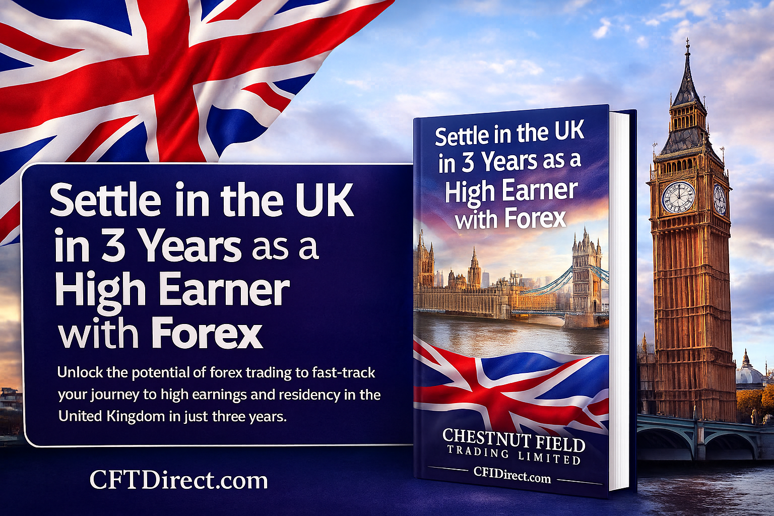Book titled 'Settle in the UK in 3 Years as a High Earner with Forex' with British flag and Big Ben in the background