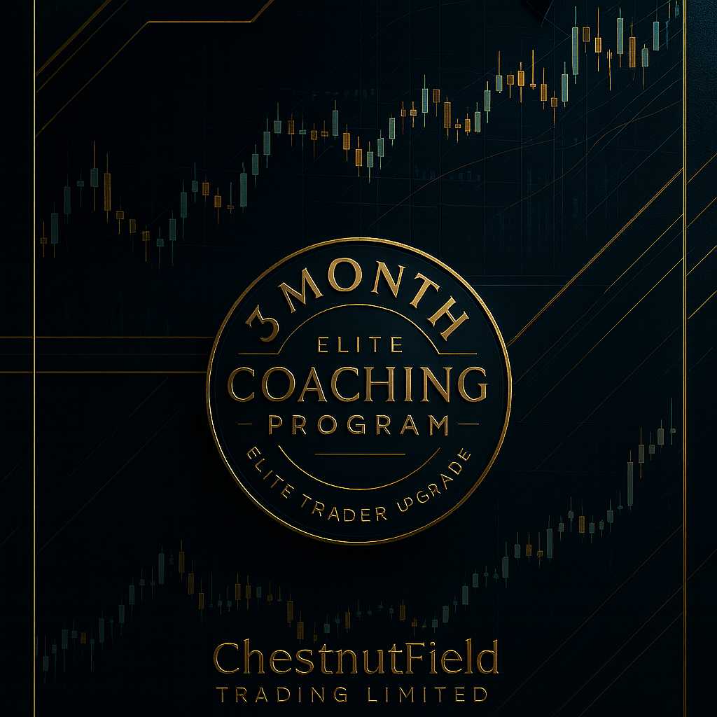Advertisement for a '3 Month Elite Coaching Program' by ChestnutField Trading Limited with stock market graph on dark background.