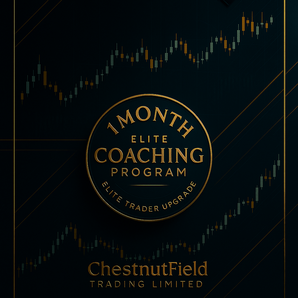 Advertisement for a 1-month elite coaching program by ChestnutField Trading Limited with stock market graph on dark background.