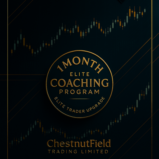 Advertisement for a 1-month elite coaching program by ChestnutField Trading Limited with stock market graph on dark background.
