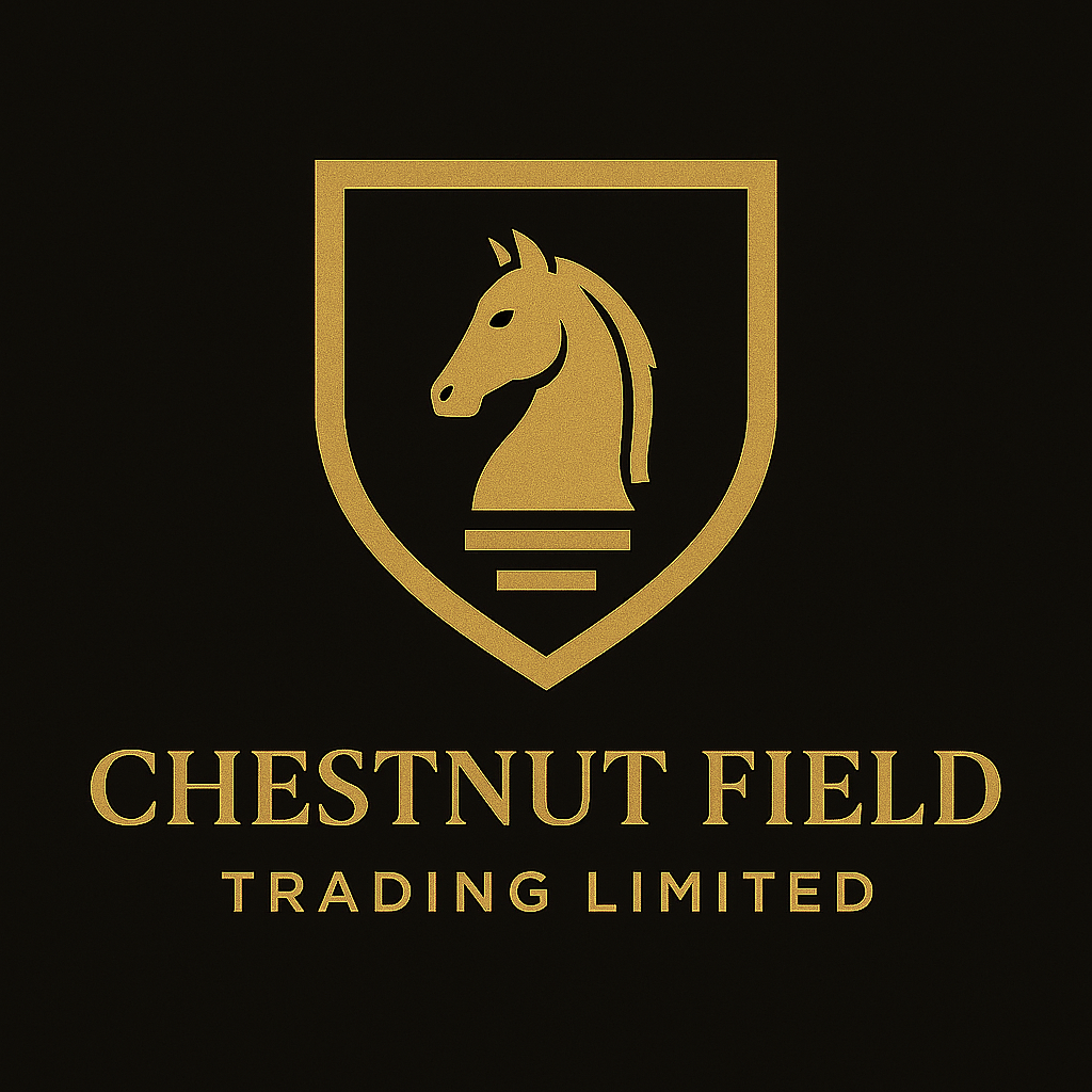 Logo of Chestnut Field Trading Limited with a horse emblem on a black background