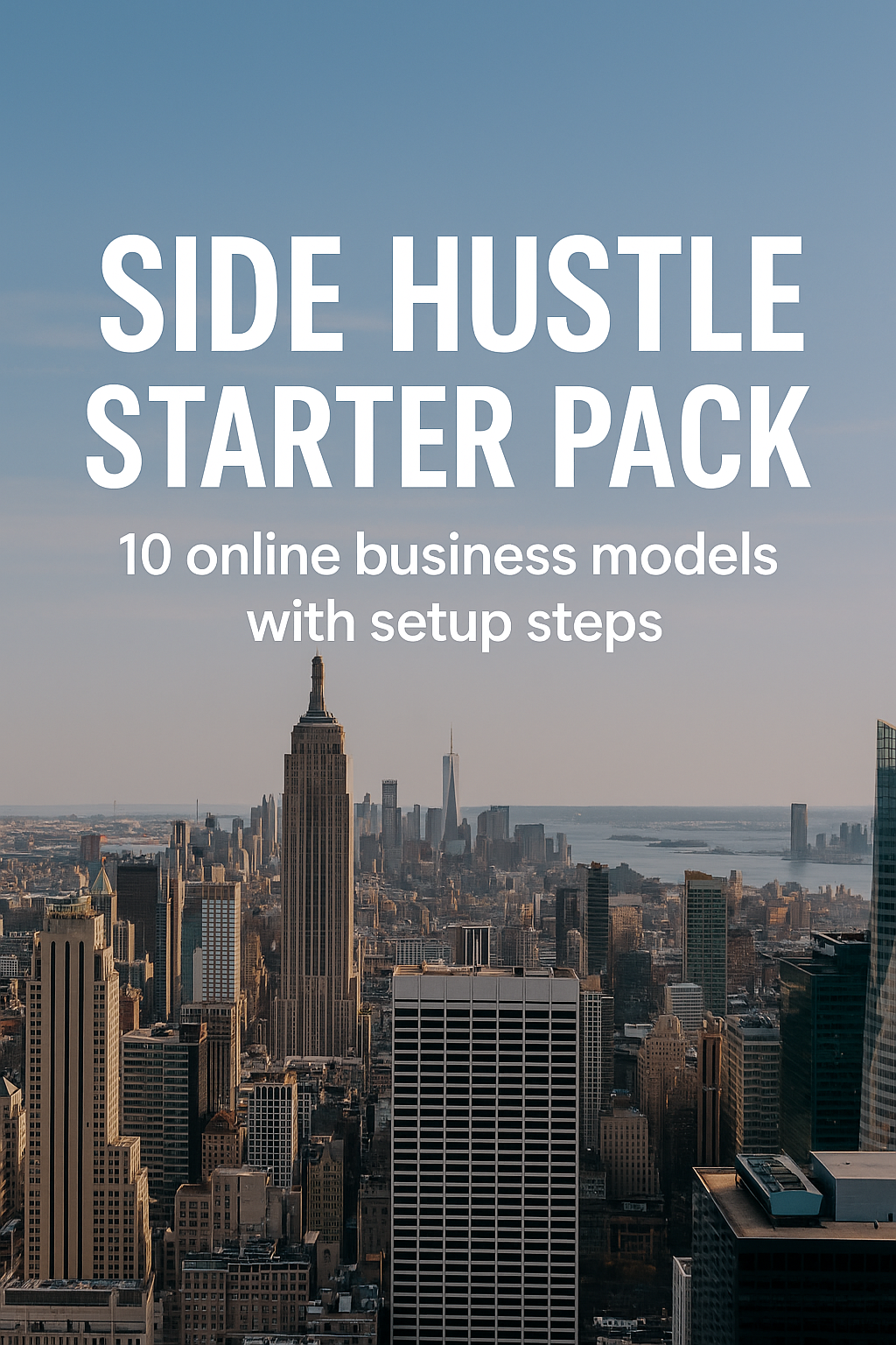 Cityscape with text overlay about side hustle starter pack and online business models.