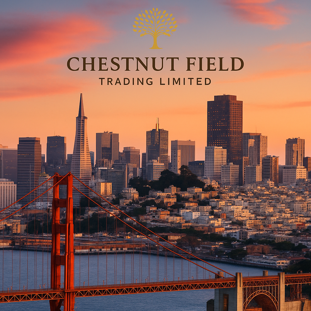 City skyline with a bridge and sunset, featuring 'Chestnut Field Trading Limited' logo.