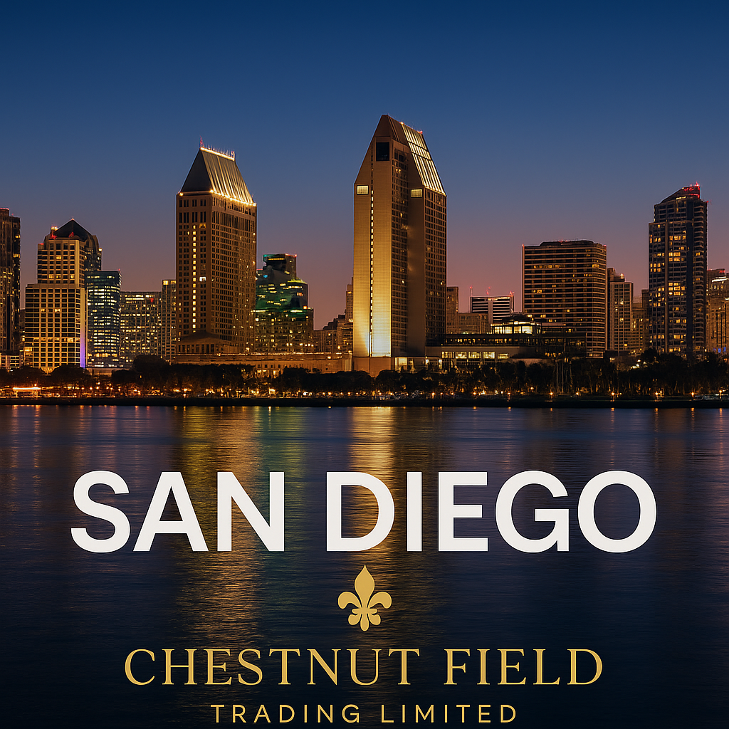 City skyline at night with 'San Diego' and 'Chestnut Field Trading Limited' text.
