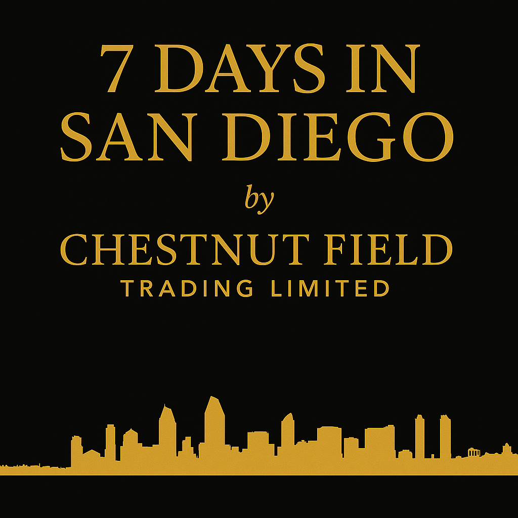 Book cover of '7 Days in San Diego' by Chestnut Field Trading Limited with gold text on a black background.