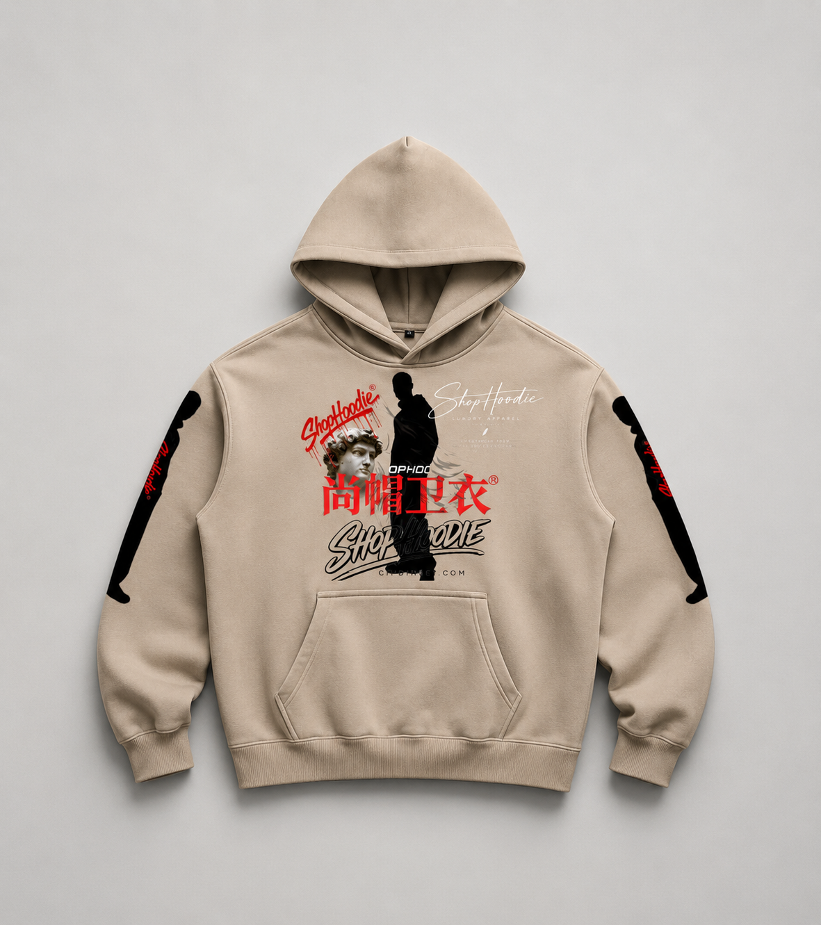 Beige hoodie with graphic design on a gray background