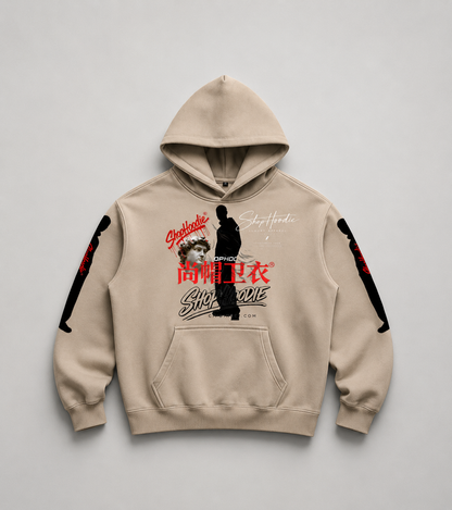 Beige hoodie with graphic design on a gray background