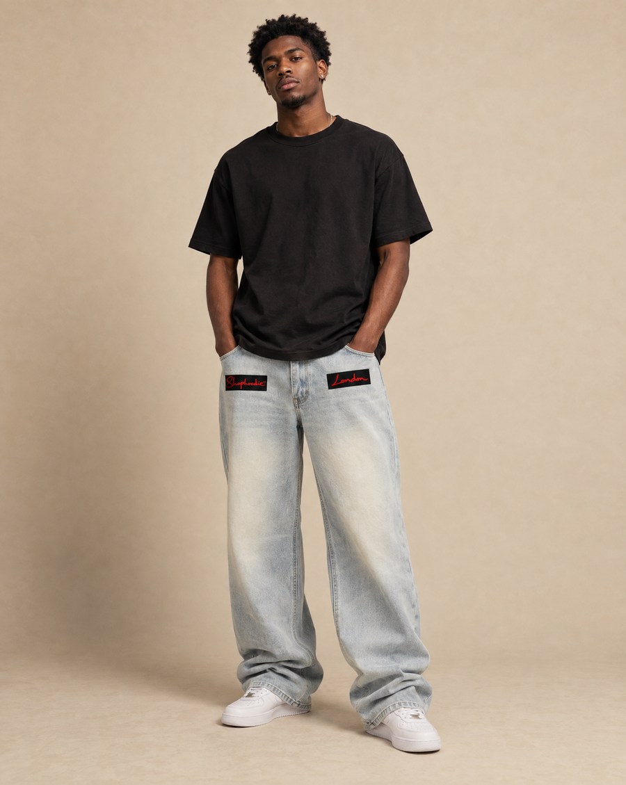 SHOPHOODIE® LONDON EXCLUSIVE Vintage Wash Wide Leg Denim Jeans — 470 GSM