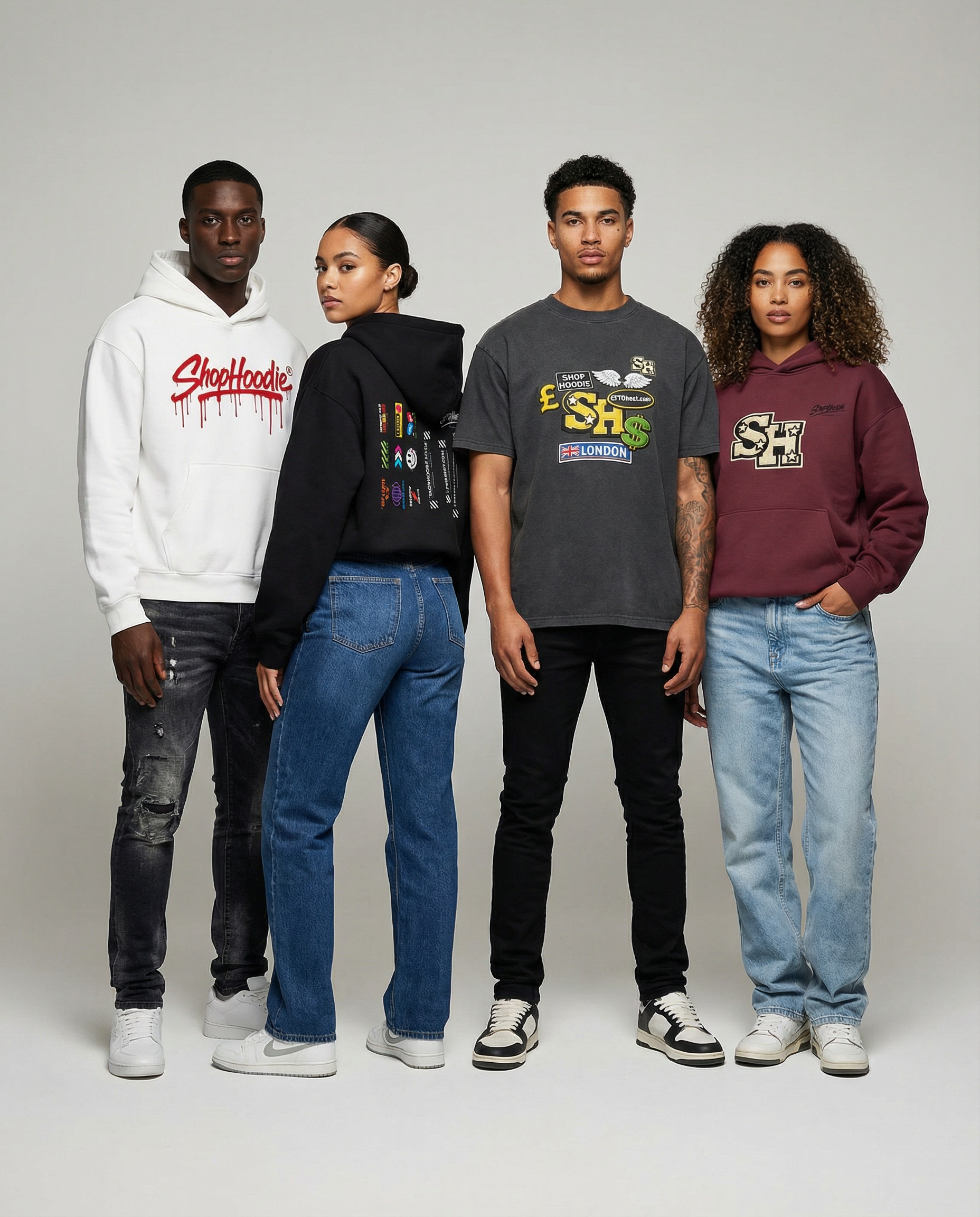 Four people wearing branded clothing on a plain background
