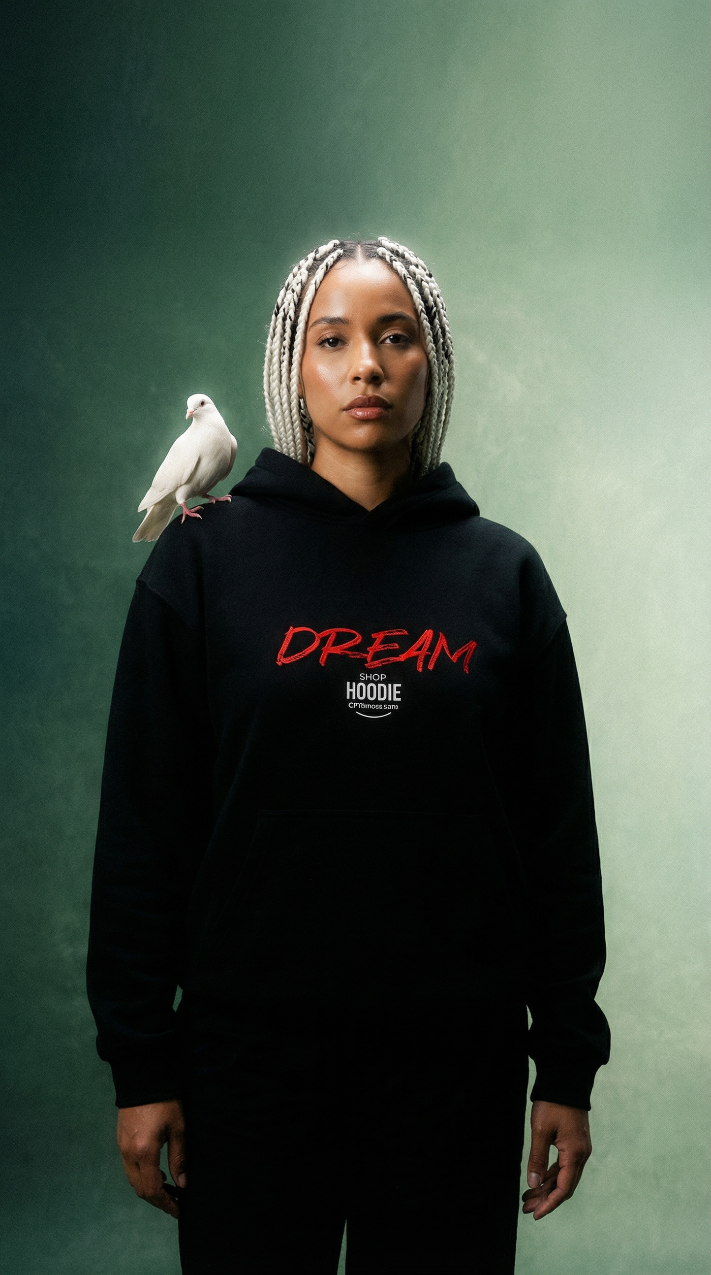 Person wearing a black hoodie with 'Dream' text, standing against a green background with a dove on their shoulder. shophoodie.co.uk cftdirect.com dream hoodie