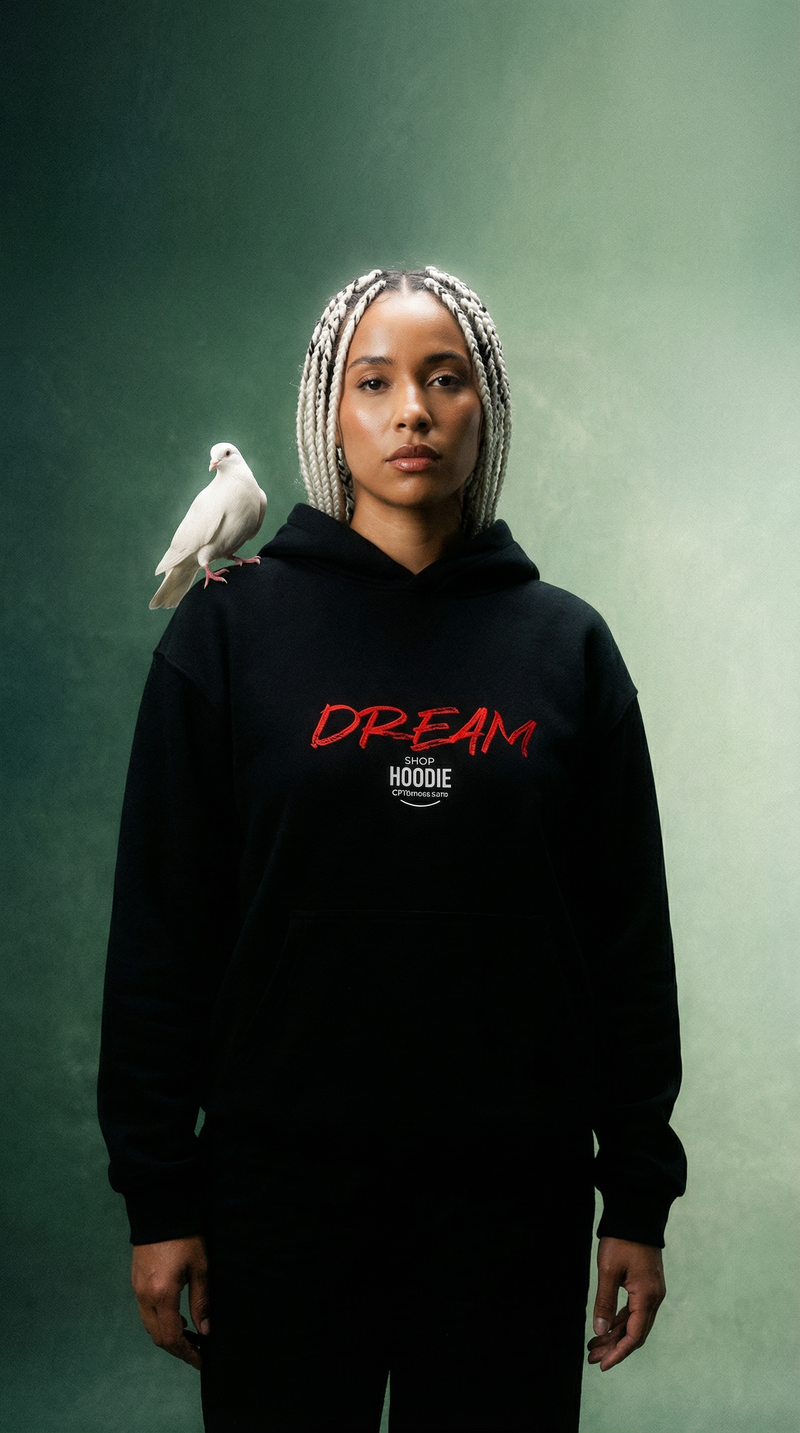 Person wearing a black hoodie with 'Dream' text, standing against a green background with a dove on their shoulder. shophoodie.co.uk cftdirect.com dream hoodie