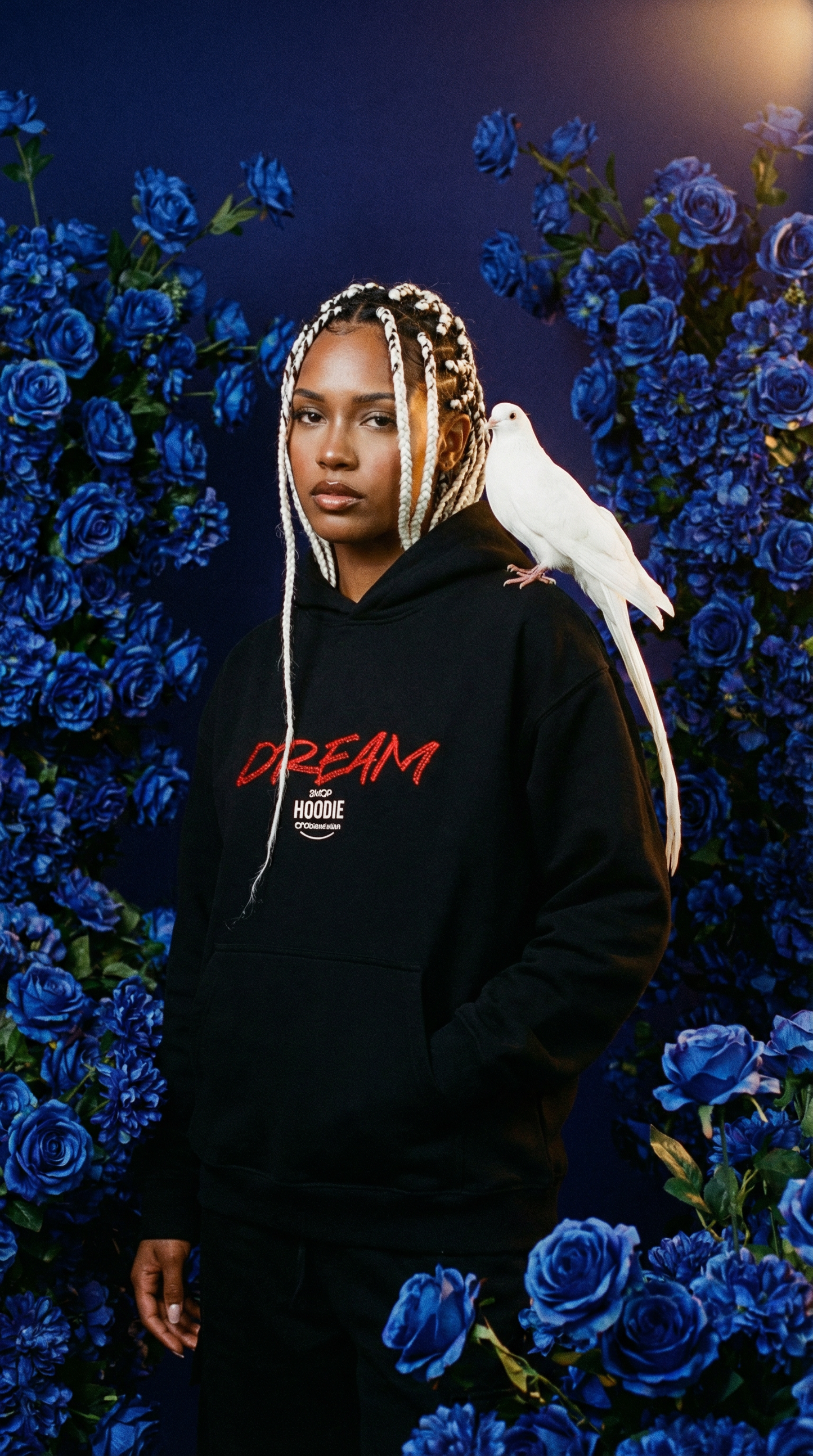 Person wearing a black hoodie with 'DREAM' text, standing among blue flowers cftdirect.com shophoodie.co.uk dream hoodie