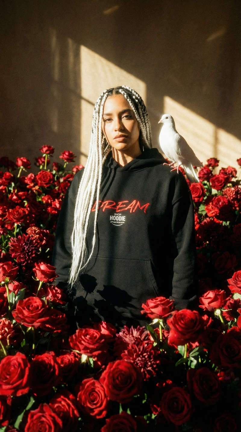 Person wearing a black hoodie with visible text, surrounded by red roses and a dove. CFTDirect.com Dream Hoodie Shophoodie.co.uk