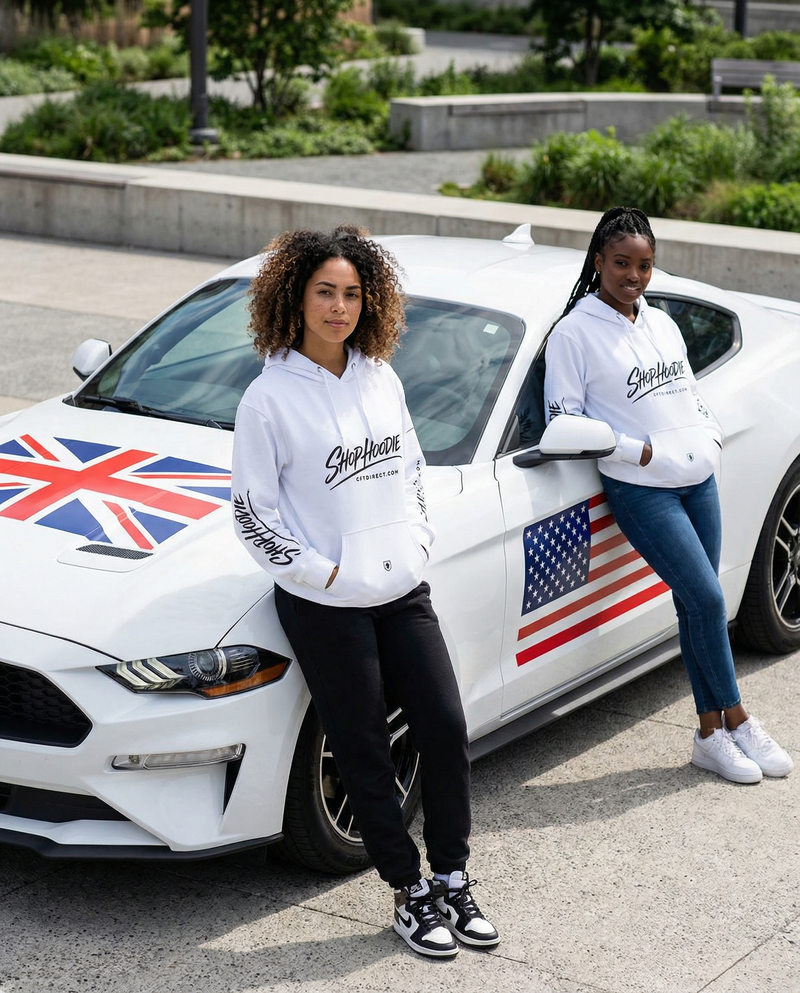 Two people in white hoodies standing next to a white car with British and American flags.